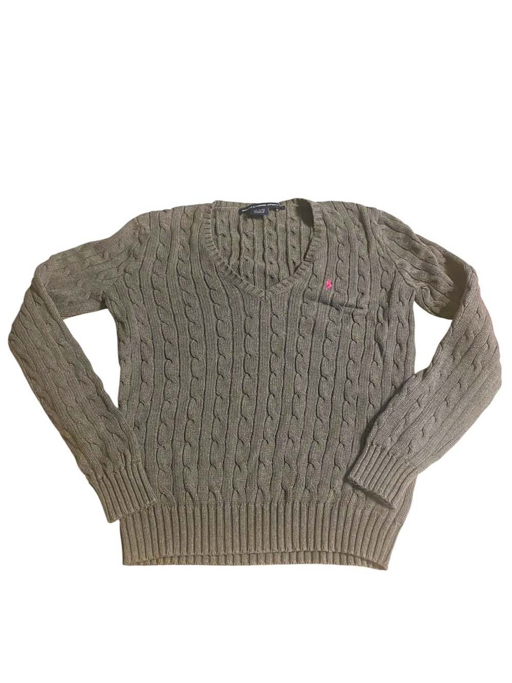 Ralph Lauren Sport Gray Pink Cable Knit Cotton V-Neck Sweater Pullover Large